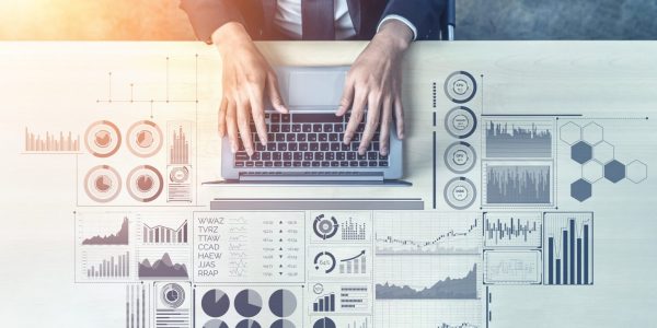 Data Analysis for Business and Finance Concept. Graphic interface showing future computer technology of profit analytic, online marketing research and information report for digital business strategy.